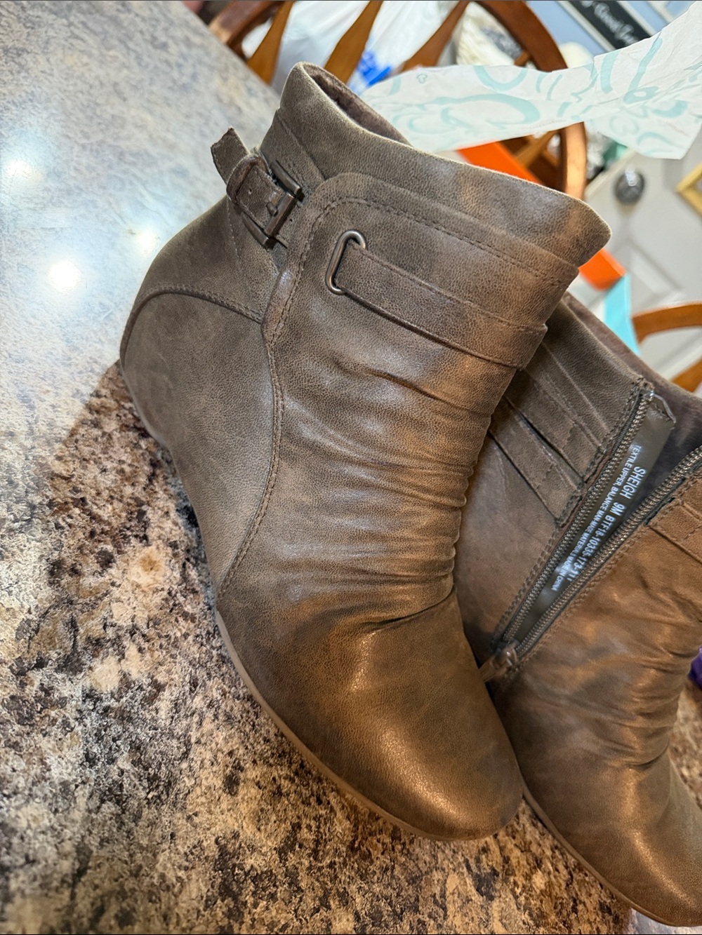 Womens Brown Ankle Wedge Booties with Side Buckle